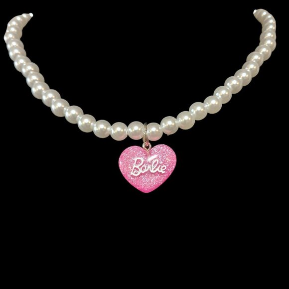 Barbie Faux Pearl Puffed Glitter Heart Princess Choker Necklace - Picture 5 of 9